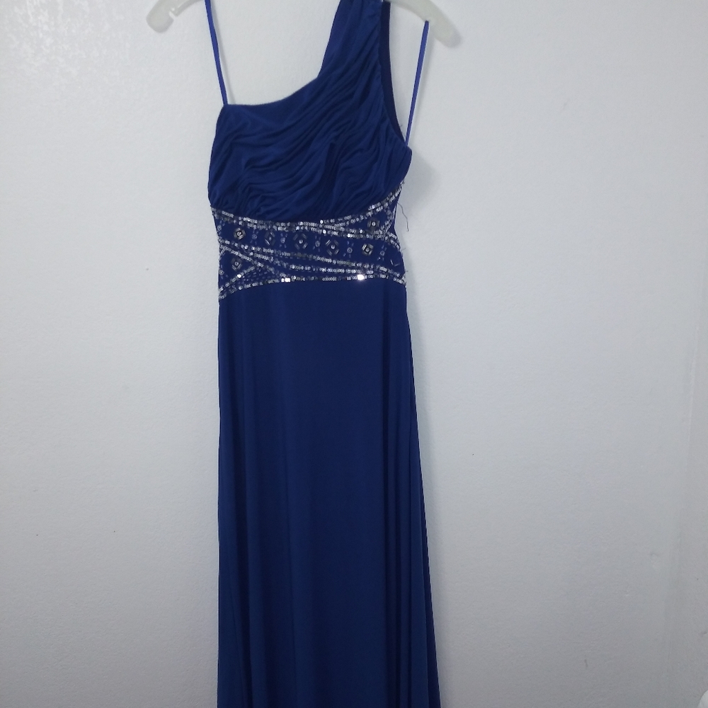 Long one shoulder blue dress with Silver beaded